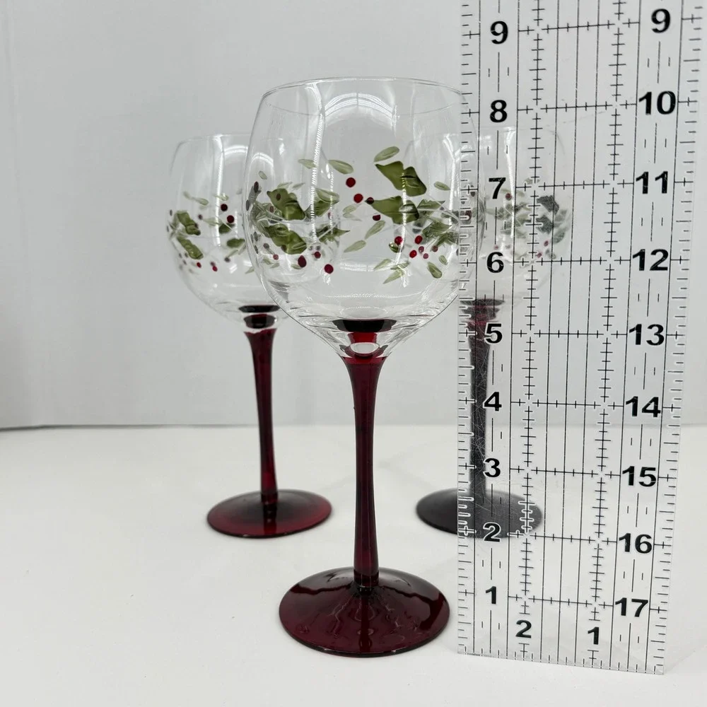 Pfaltzgraff Winterberry Wine Glass Set 3 Clear Red Holiday Holly Berry 8.5 Inch